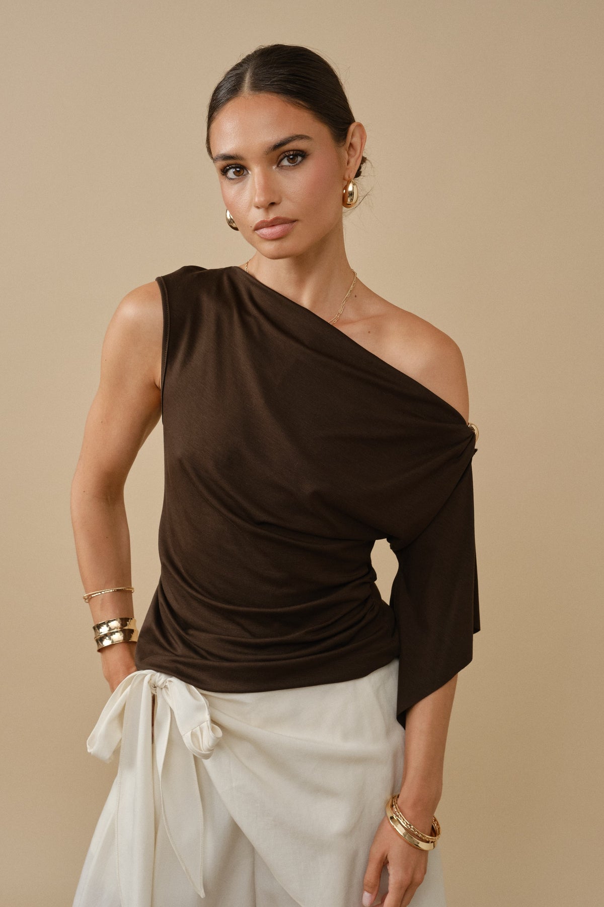 Layla Draped One-Shoulder Top - Brown