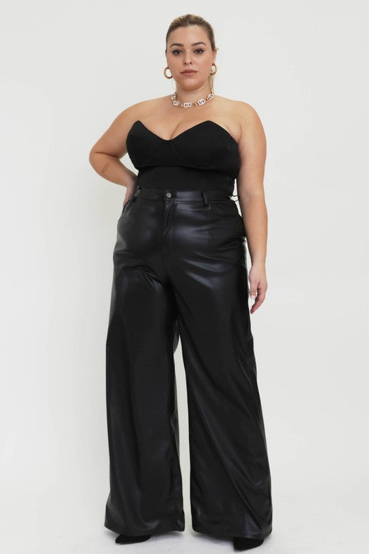 Licia Leather Wide Leg Pants - Black Plus