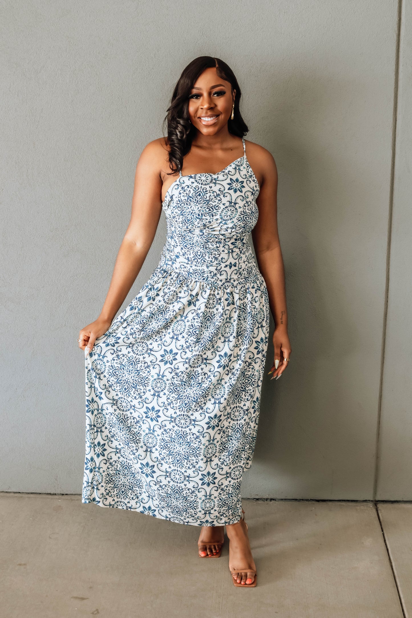 Summer In Capri Drop Waist Ruched Maxi Dress