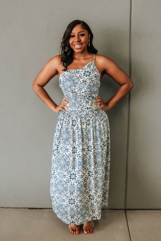 Summer In Capri Drop Waist Ruched Maxi Dress