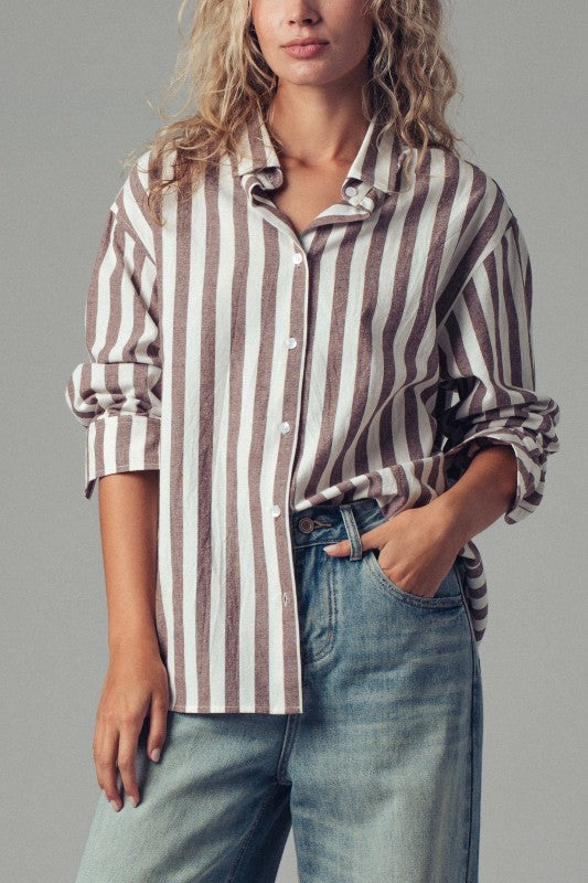 Natalie Stripe Button-down- Brown