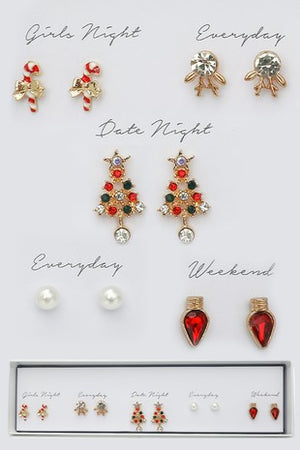 Holiday Themed 5Pair Stud Earrings Set