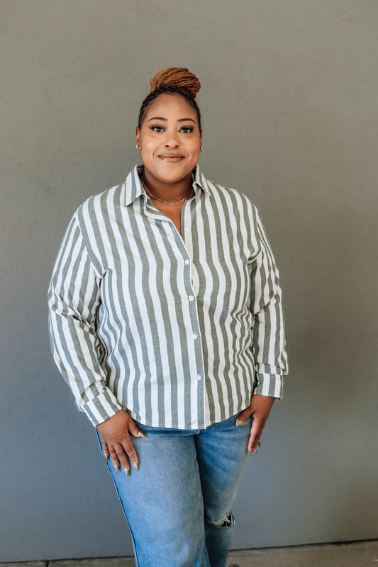 Natalie Stripe Button-down- Olive
