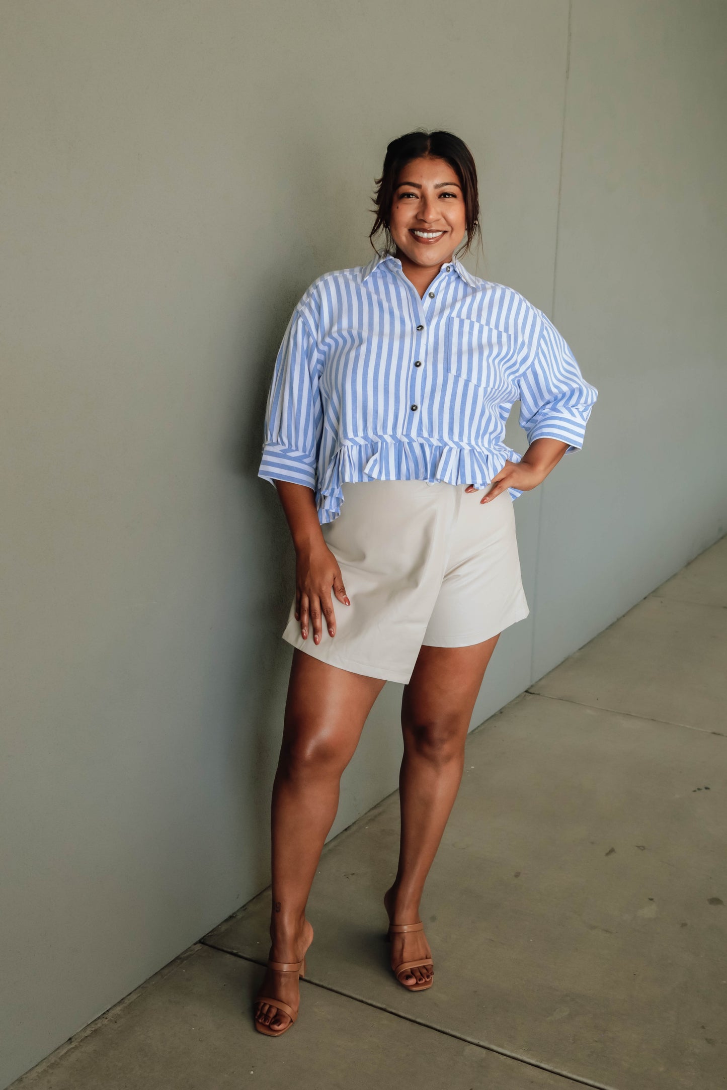 Alyssa Striped Ruffle Button Down -Blue