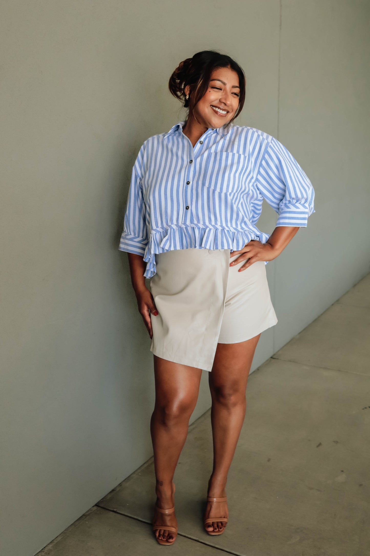 Alyssa Striped Ruffle Button Down -Blue