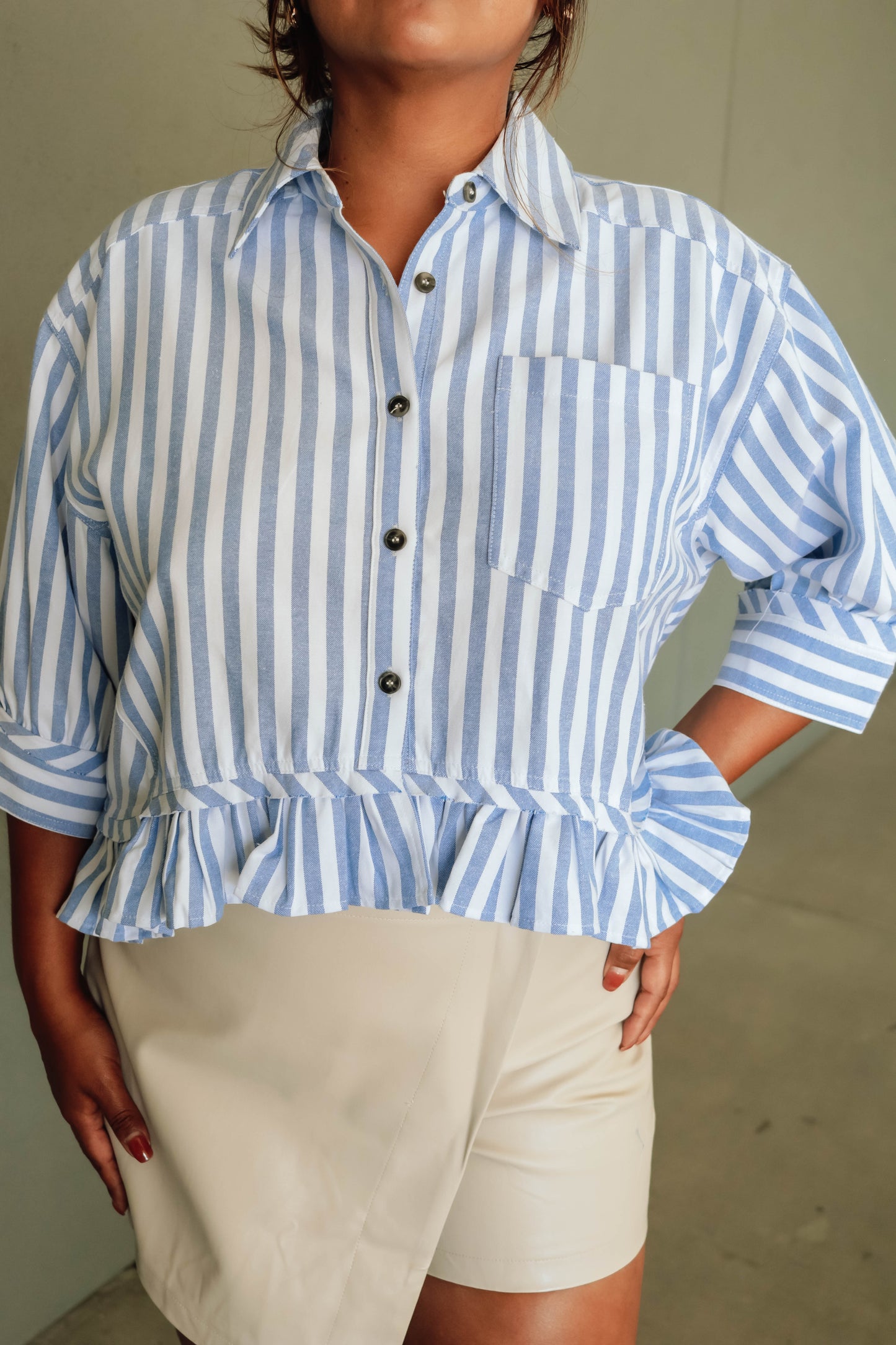 Alyssa Striped Ruffle Button Down -Blue