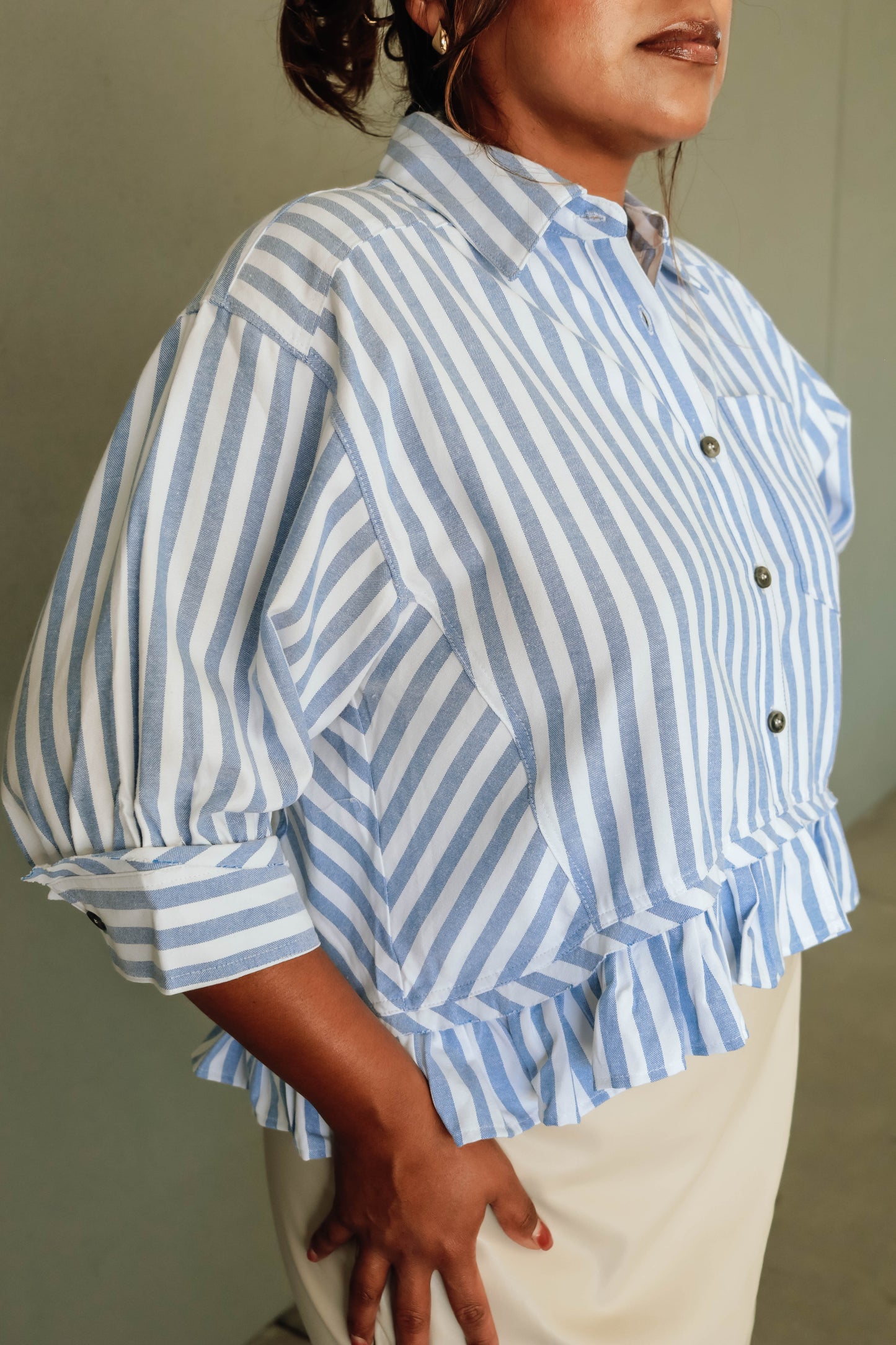 Alyssa Striped Ruffle Button Down -Blue