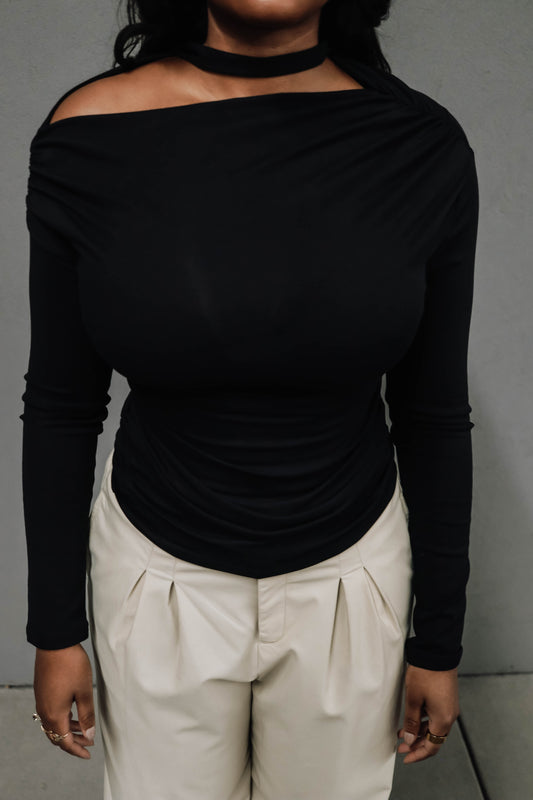 Ebony Off shoulder Blouse w/ scarf- Black
