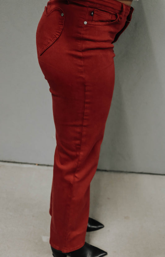 Judy Blue Heart Shaped Back Pockets Straight - Scarlet