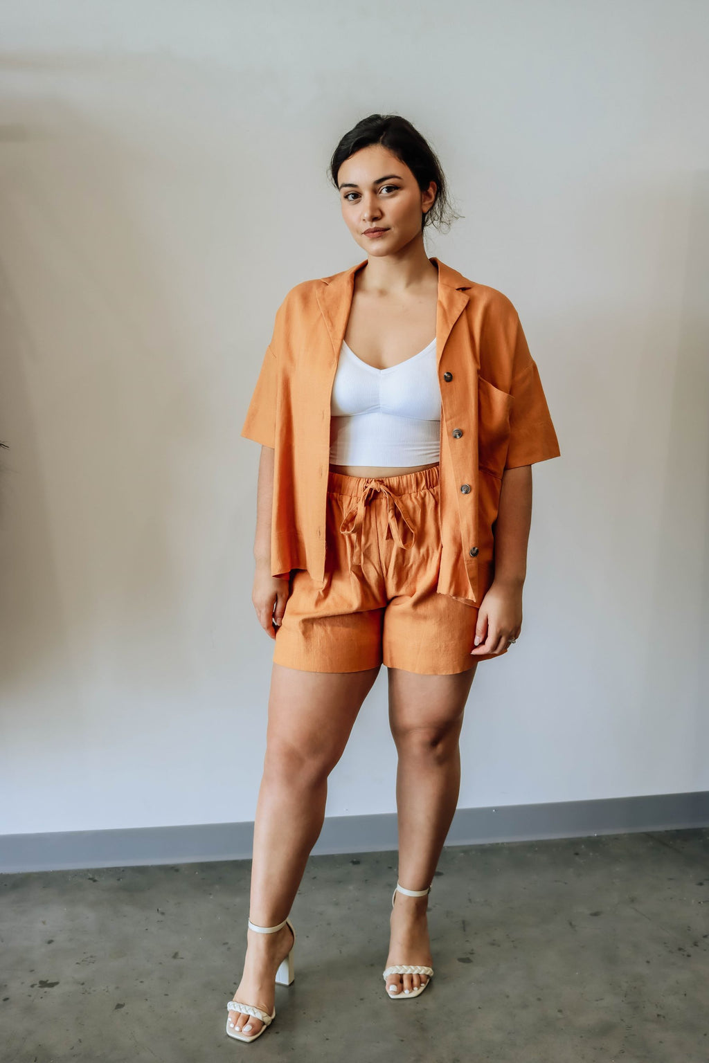 Linen Blend Relaxed Shirt And Shorts Set - Sahara