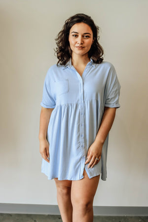 LINEN BABY DOLL DRESS WITH POCKETS - Baby Blue