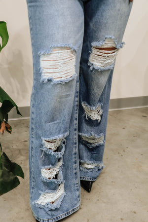 High-Rise Distressed Wide Leg Jeans: Medium Stone