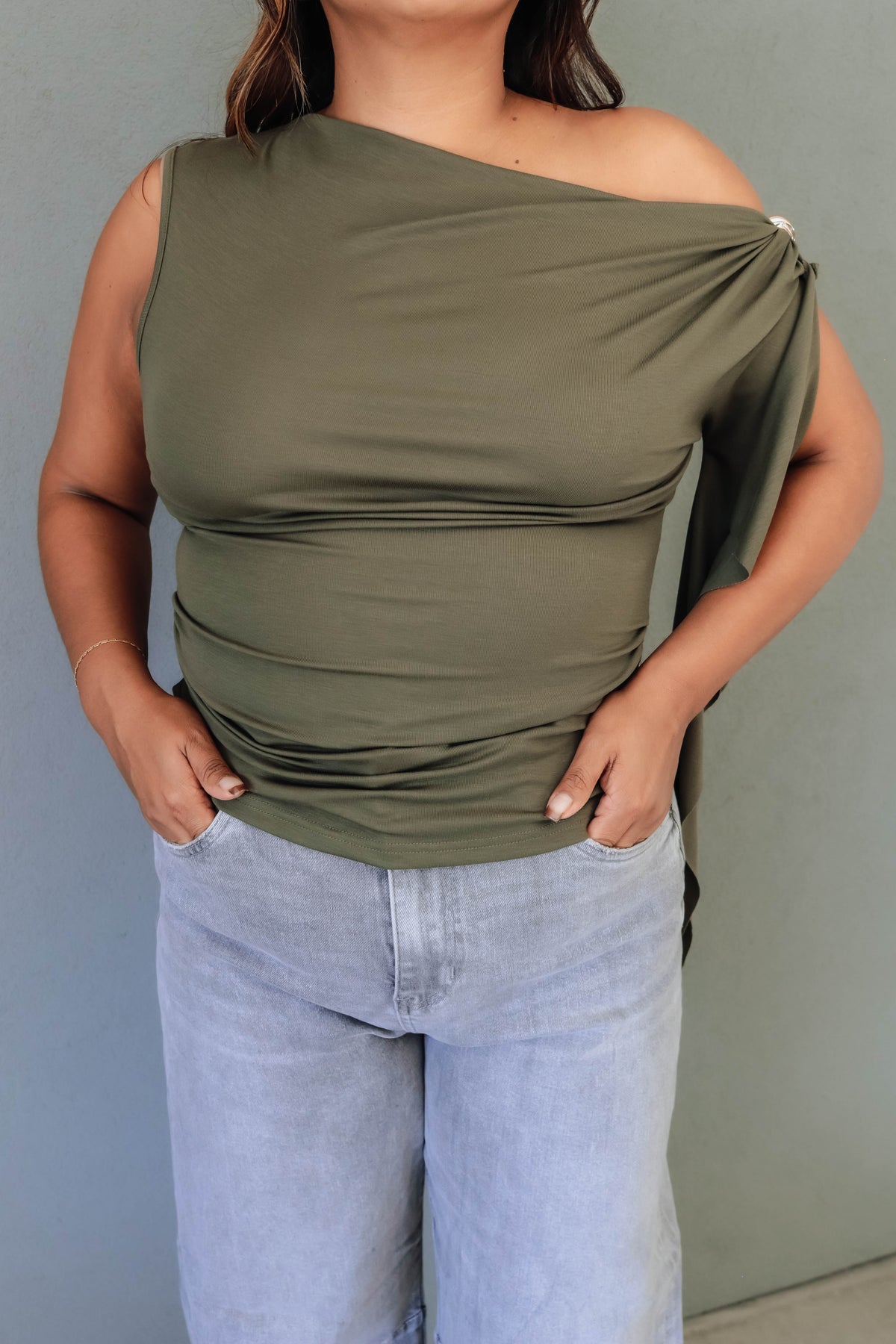 Layla Draped One-Shoulder Top - Olive