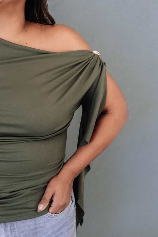 Layla Draped One-Shoulder Top - Olive