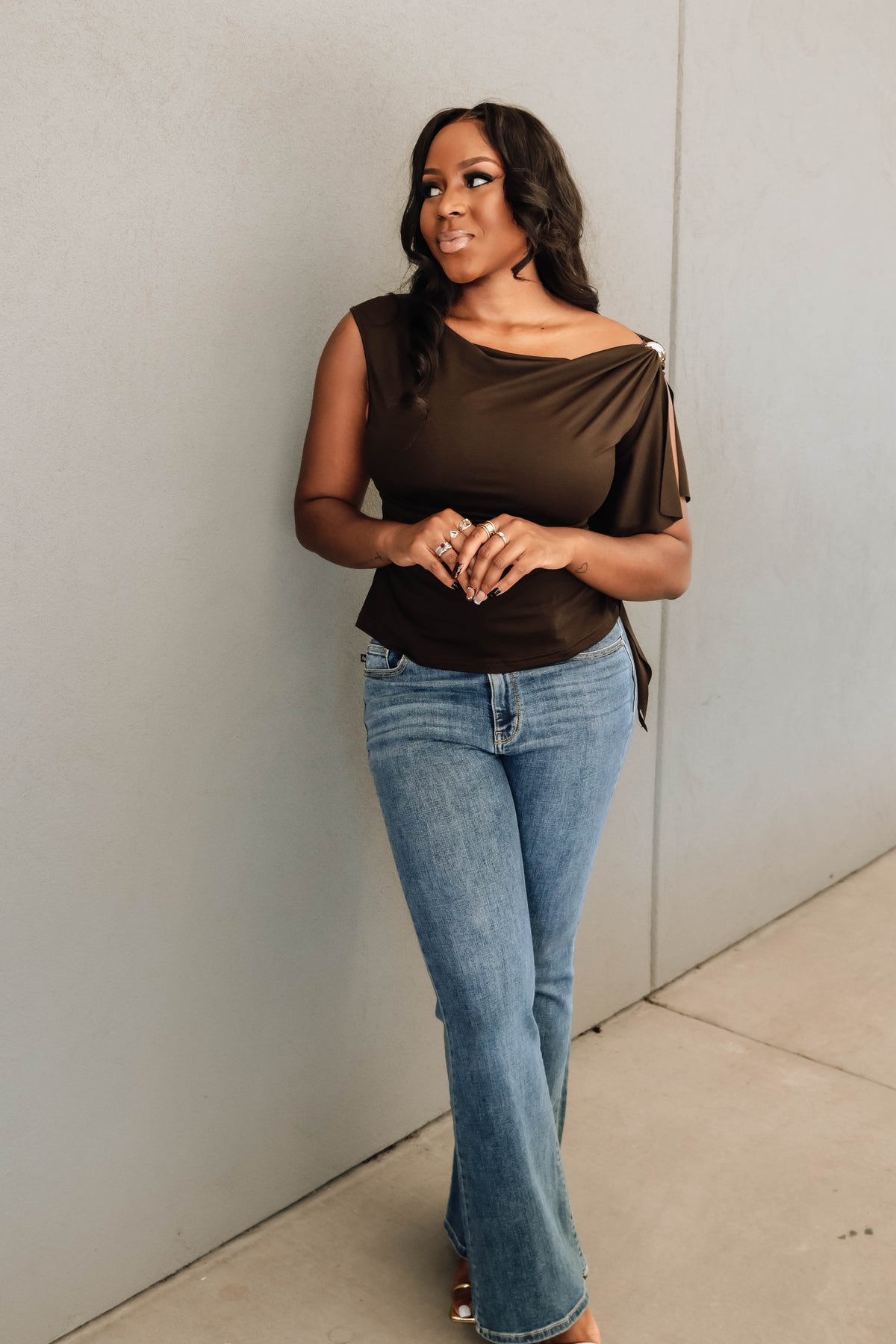 Layla Draped One-Shoulder Top - Brown