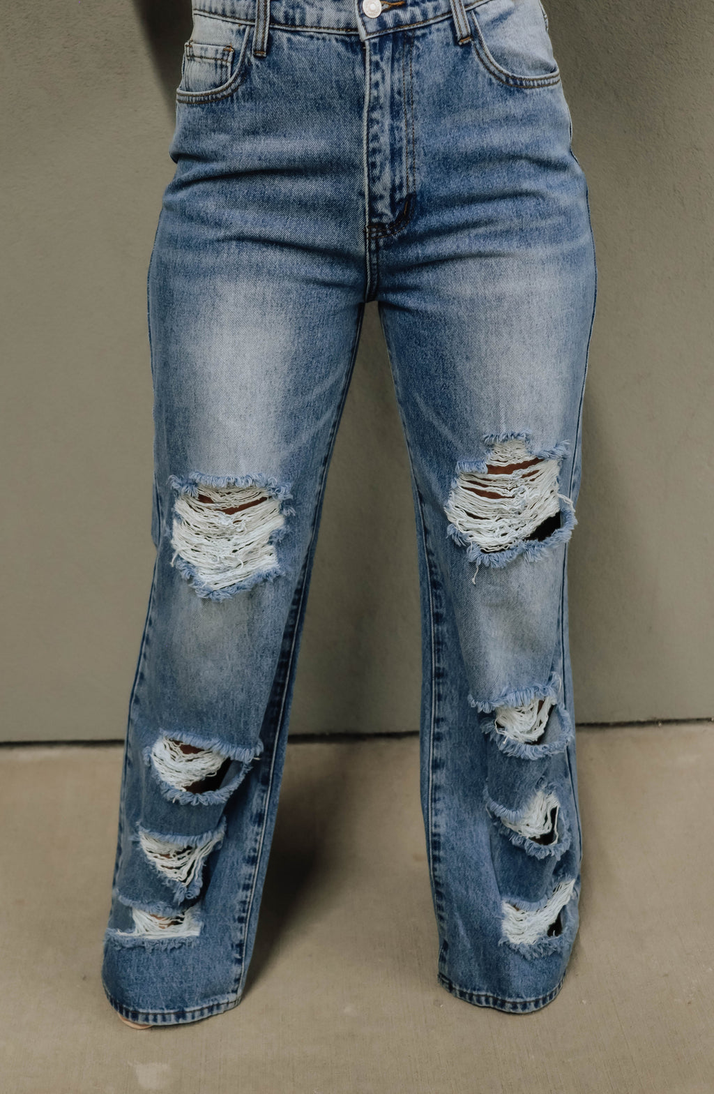 High-Rise Distressed Wide Leg Jeans: Medium Stone