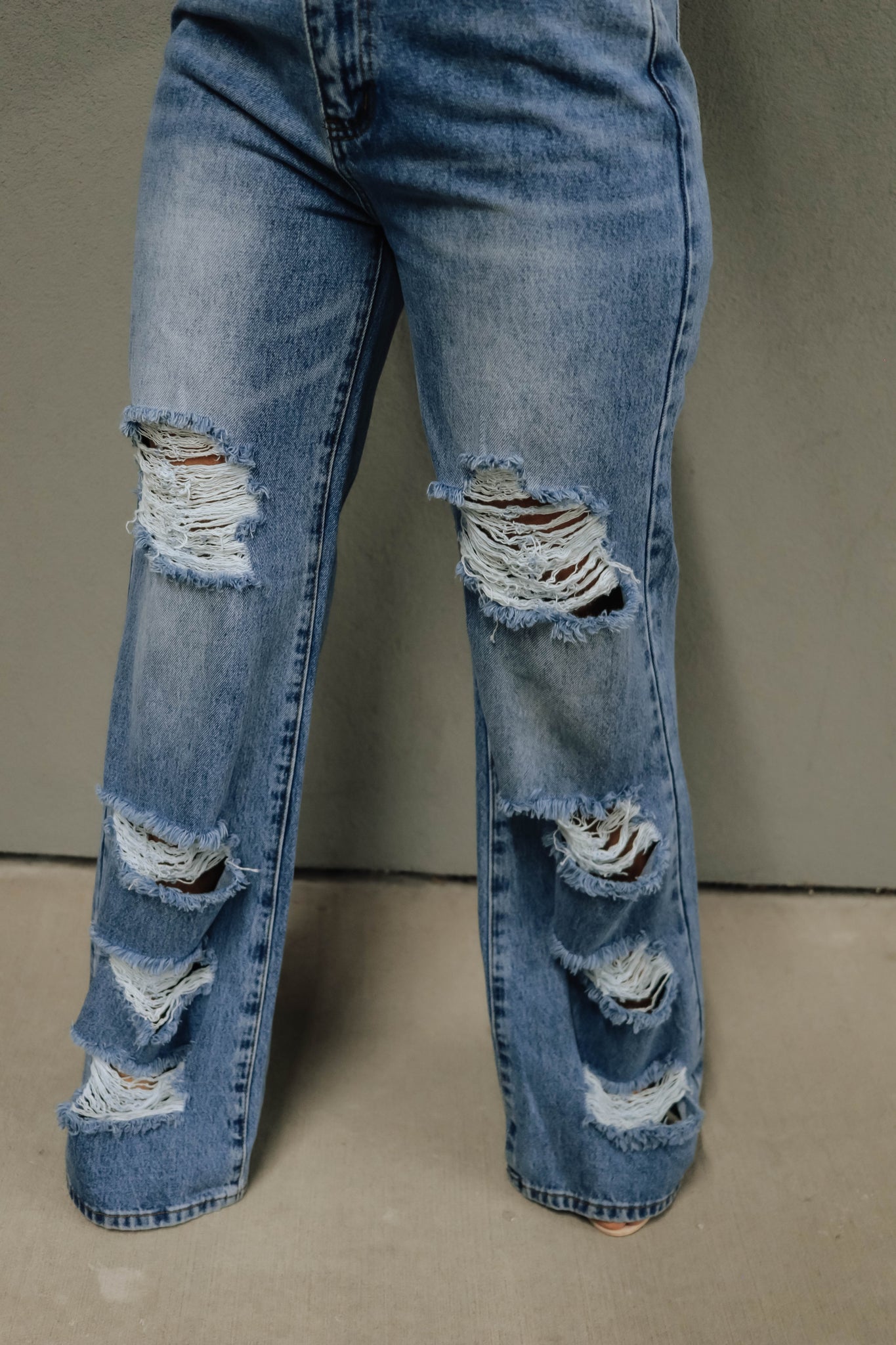 High-Rise Distressed Wide Leg Jeans: Medium Stone