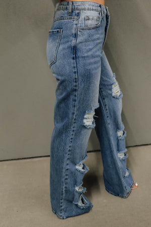 High-Rise Distressed Wide Leg Jeans: Medium Stone