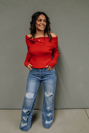 Rose Off Shoulder Knit Sweater- Red