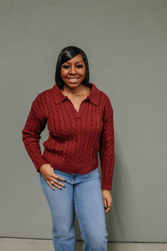 Varsity Cable Knit Sweater - Burgundy