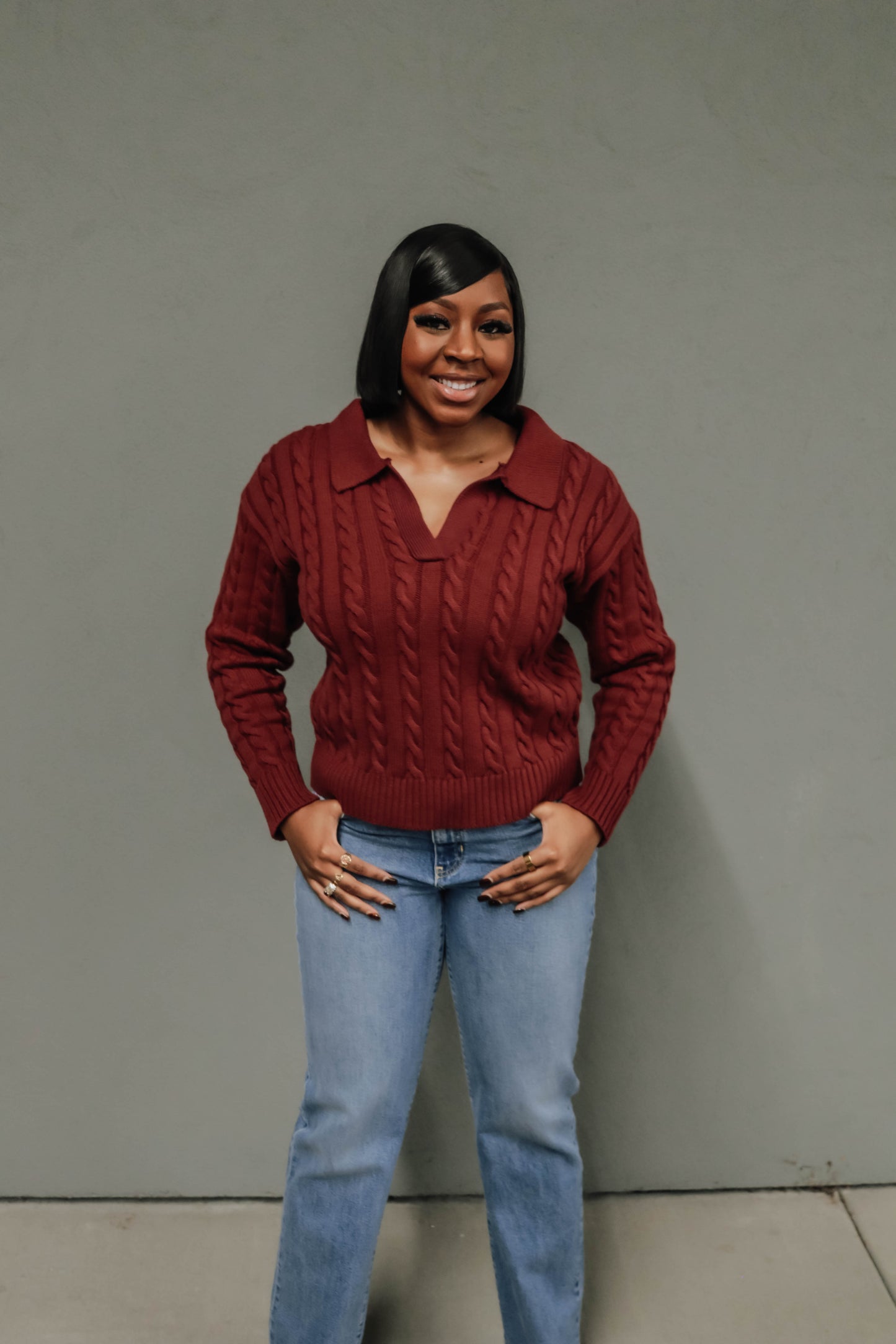 Varsity Cable Knit Sweater - Burgundy