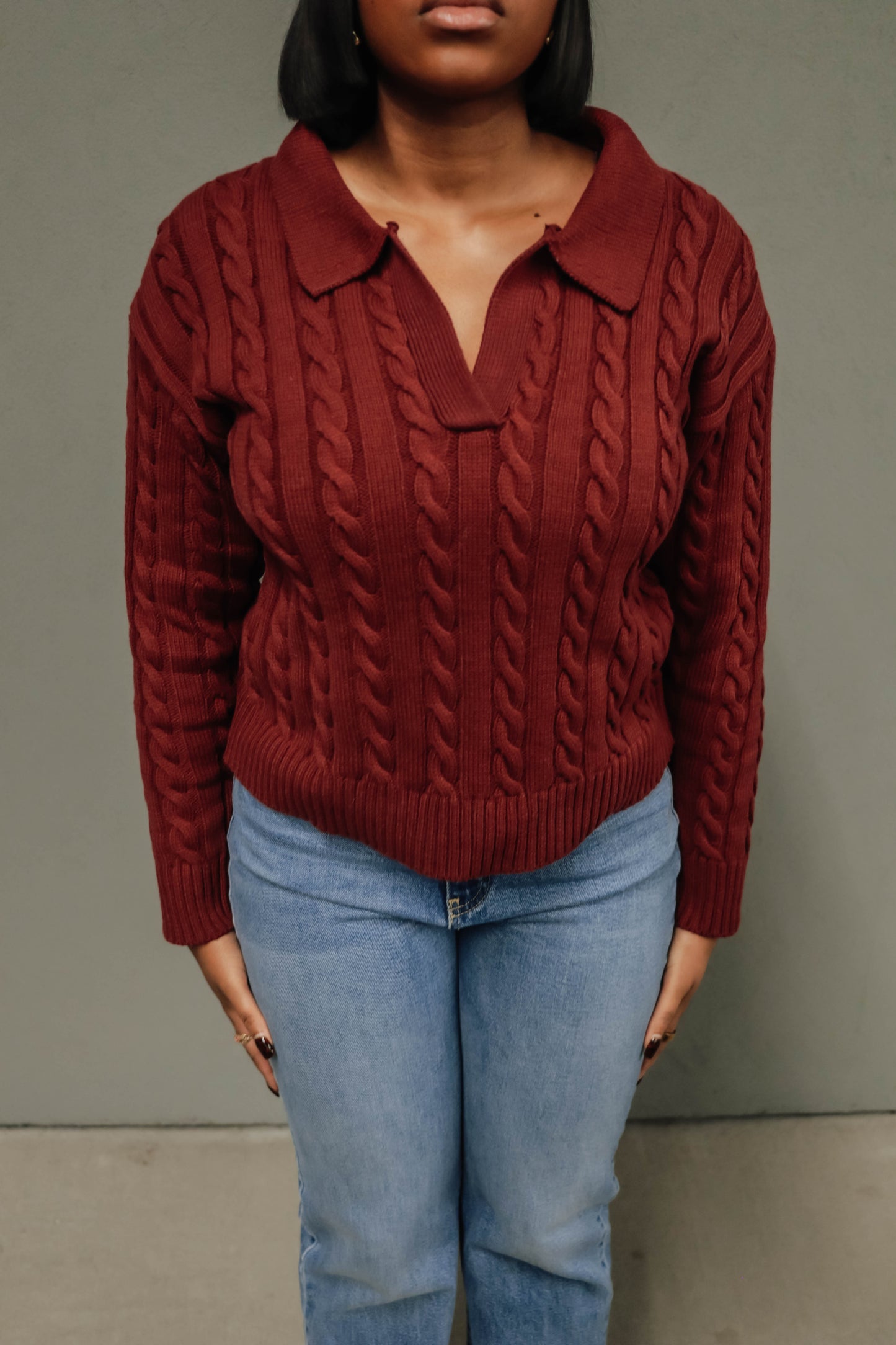 Varsity Cable Knit Sweater - Burgundy