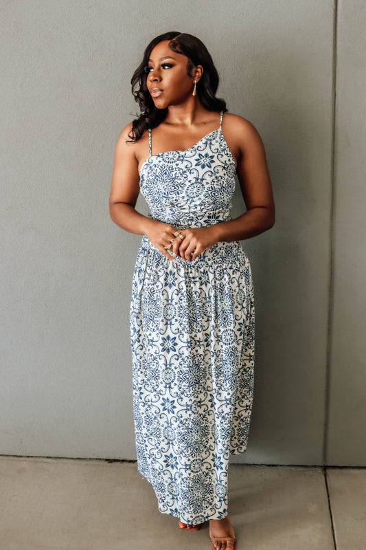 Summer In Capri Drop Waist Ruched Maxi Dress