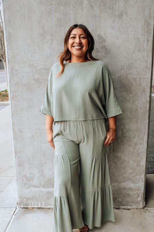 Carmen Flowy Soft Linen Top - Sage