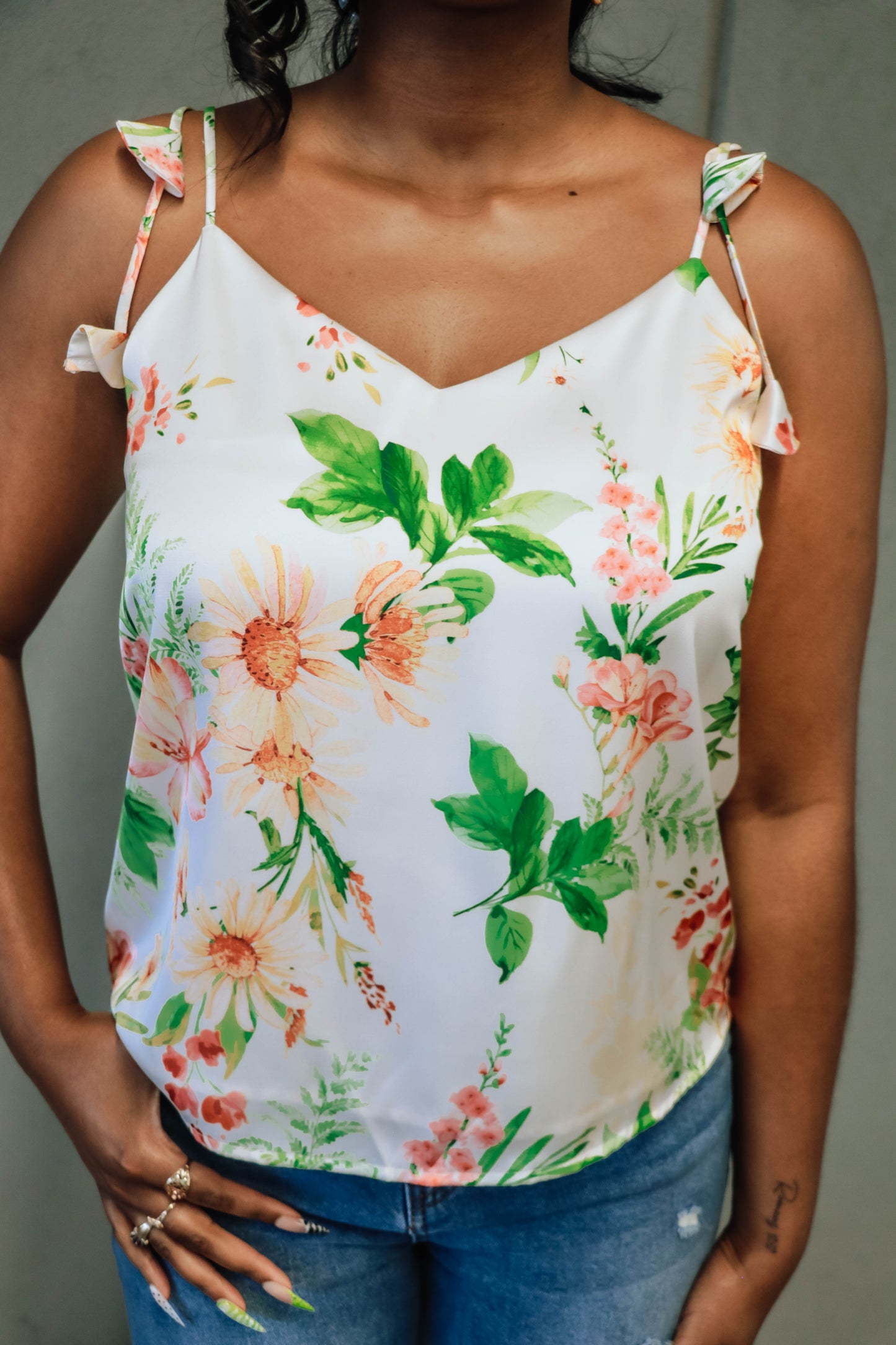 Flower Strap Satin Cami Top